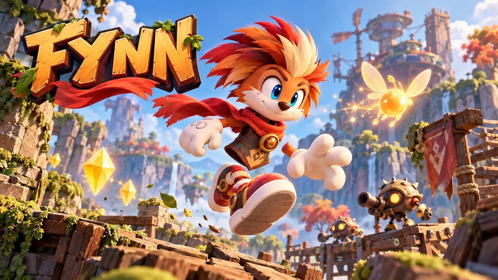 Fynn, a laid-back orange hero in a red scarf, leaps across mossy wooden ruins past glowing crystals, with enemies close behind