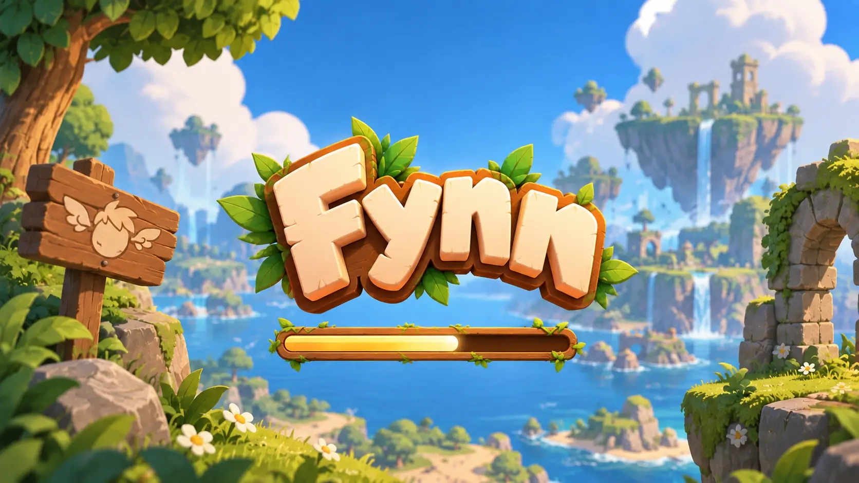Fynn title screen: a leafy wooden logo and loading bar over a bay of floating islands and waterfalls